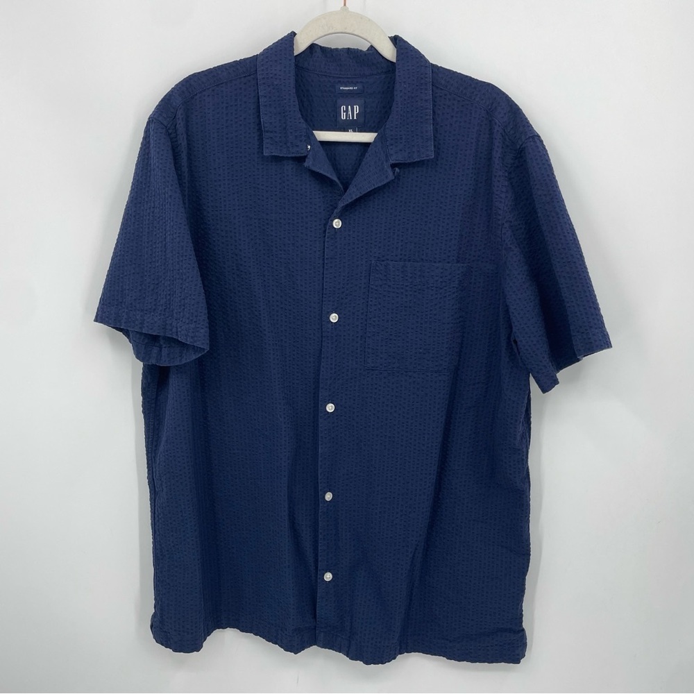 Gap Seersucker‎ Vacay Shirt solid blue button front men’s Sz XL